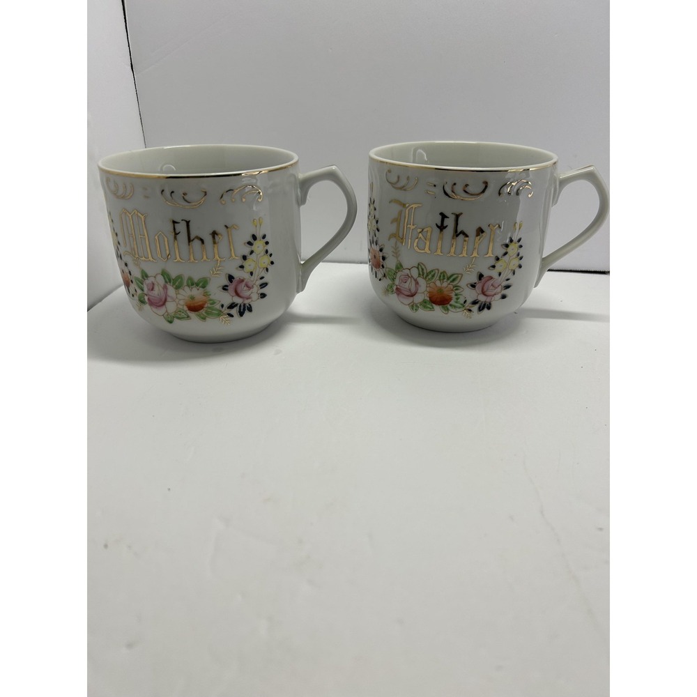 Vintage Gray Porcelain Mother Father Floral Cups Mugs Set Of 2 Unmarked Gold